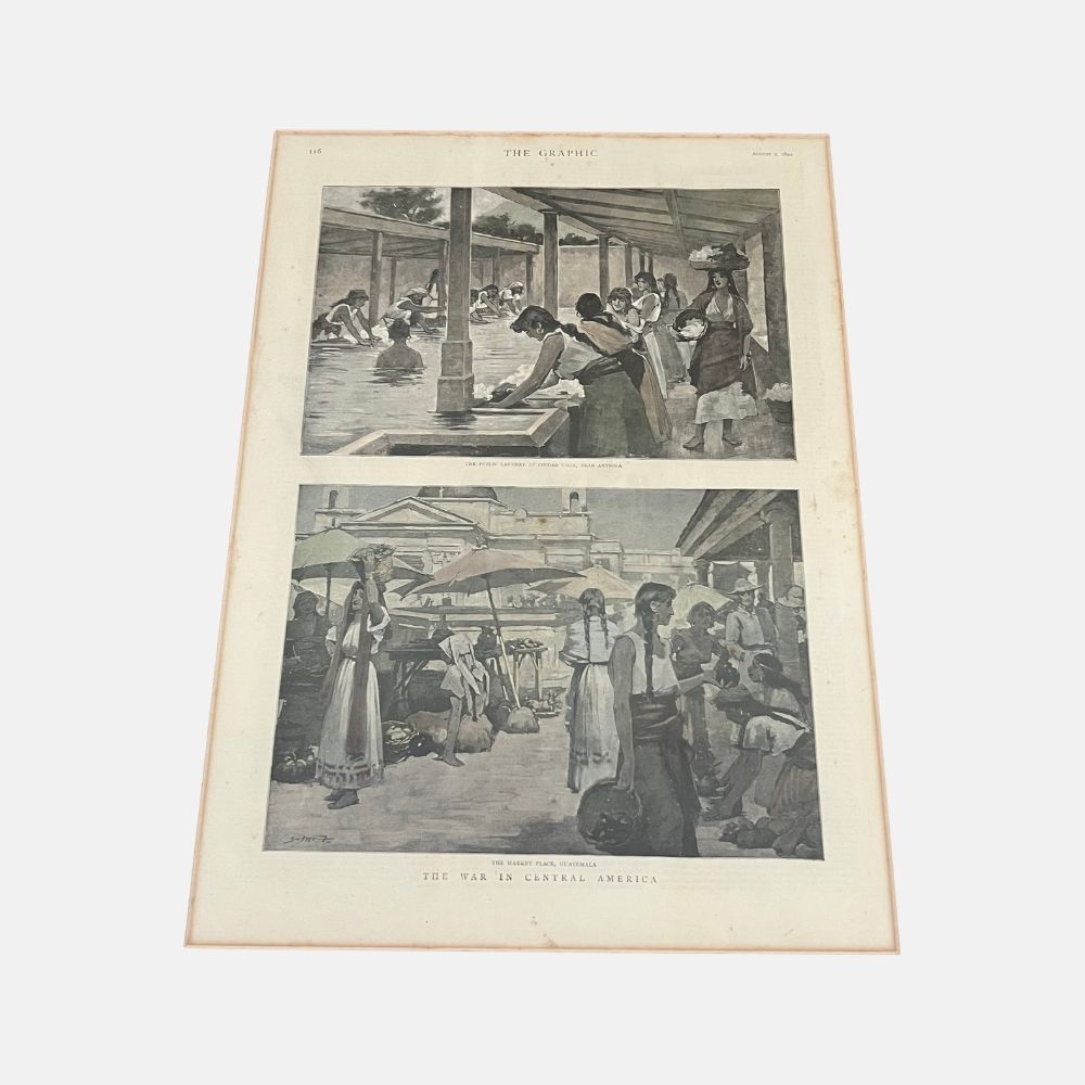 litografía coloreada a mano Vista de mercado y lavadero de Guatemala Anónimo