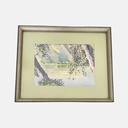 Acuarela de lago co arboles por Valladares 1977 enmarcadacon paspartù verde y marco gris y verde 