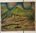 Cuadro de Paisaje volcanes Toliman, Atitlan y San Pedro desde el mirador cerca de Patzún por David Ordoñez 1979