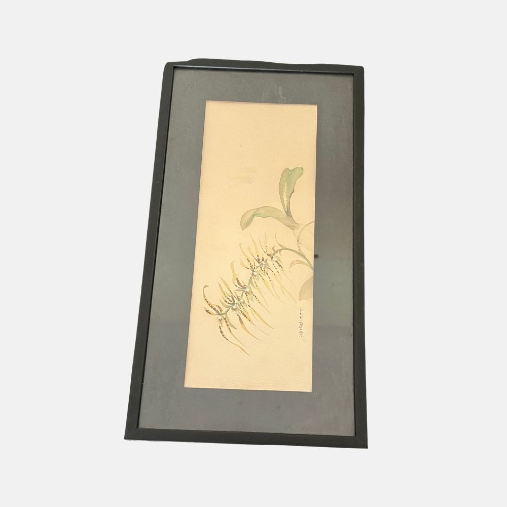Acuarela de Orquidea Aaña (firma china) enmarcada en paspartù verde y marco negro