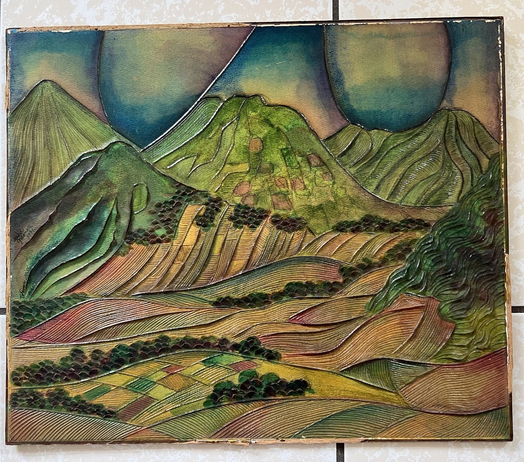 Cuadro de Paisaje volcanes Toliman, Atitlan y San Pedro desde el mirador cerca de Patzún por David Ordoñez 1979
