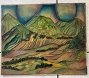 Cuadro de Paisaje volcanes Toliman, Atitlan y San Pedro desde el mirador cerca de Patzún por David Ordoñez 1979