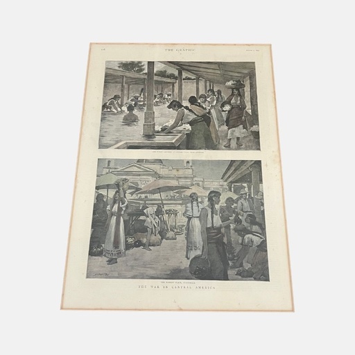 [MILz150574] litografía coloreada a mano Vista de mercado y lavadero de Guatemala Anónimo