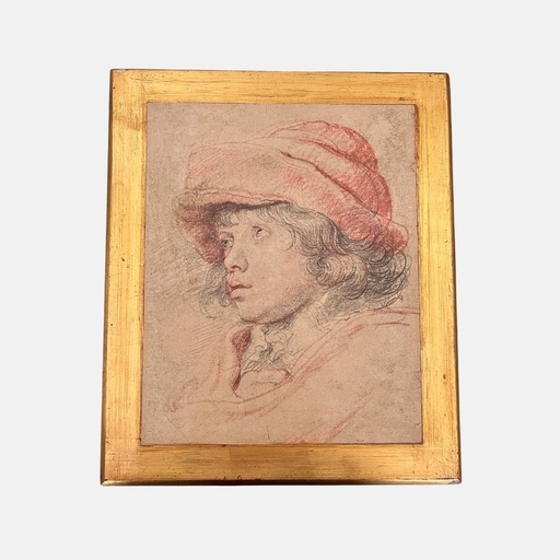 [MILz150580] Cuadro de litografìa de "niño con sombrero rojo" por Rubens montado en madera con remarco dorado