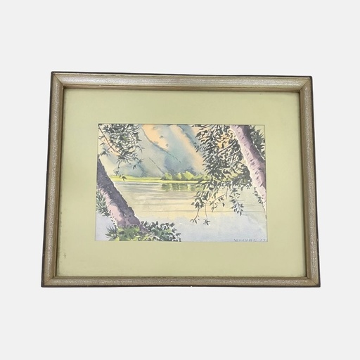 [MILz150583] Acuarela de lago co arboles por Valladares 1977 enmarcadacon paspartù verde y marco gris y verde 