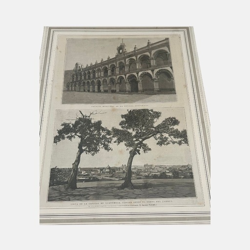 [MILz150701] Cuadro con foto del palacio municipal de antigua, vista de la capital desde el cerro del carmen AG