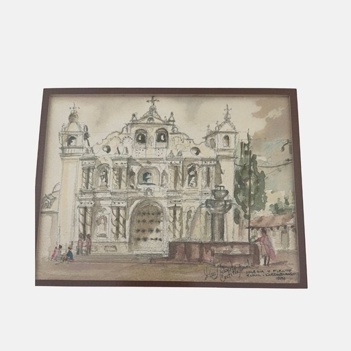 [MILz150714] Cuadro de Luis Gilberto Castillo Arriola "Iglesia y fuente Tzunil, Quetzaltenango" 1984 acuarela 26.5 x 36 