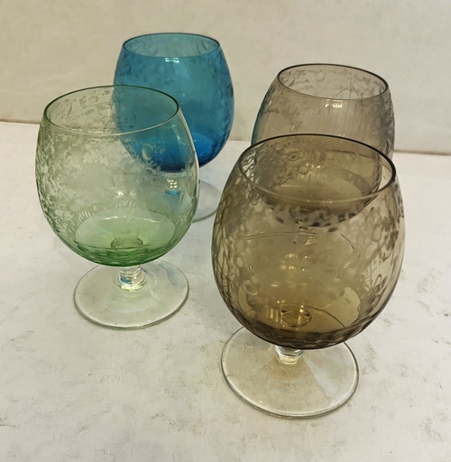 [TBz15052] Juego de 4 copas de cognac con vidrio esmerilado colores con escena de jardín